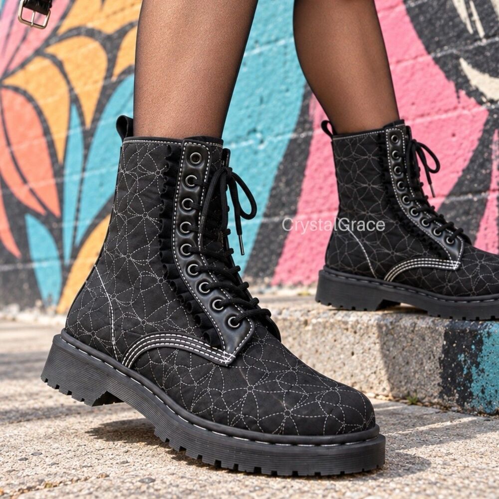 Dr. Martens Boots Womens 9 Black Combat 1460 Frill Bow Stitch Ruffle Lug Sole